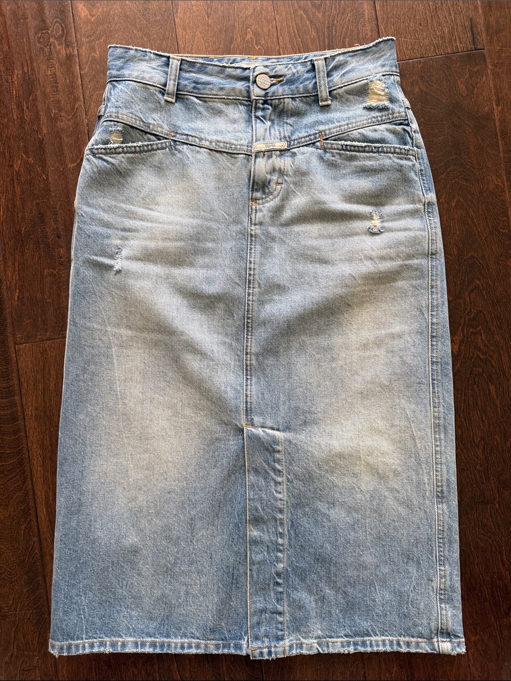Closed Light Blue Distressed Denim Midi Skirt